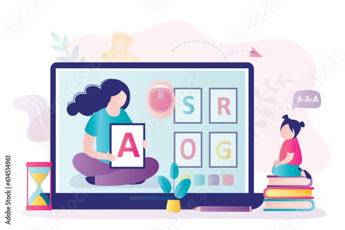 Voice pronouncing lesson. Speech therapist consultation, didactic aids treatment specialist, logopedist help online. Female pedagogue and small girl talking, doctor counseling patient online