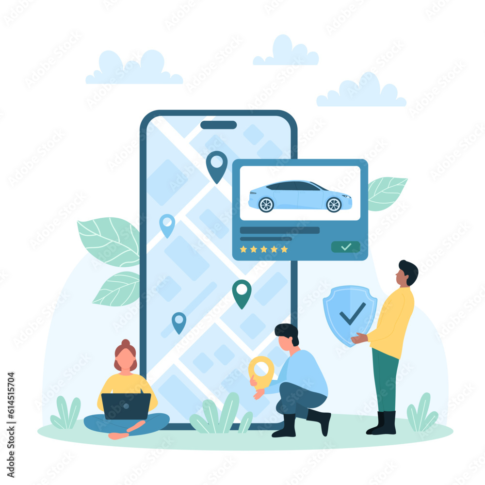 Rent and share car vector illustration. Cartoon tiny people with safety shield and location pin using city map in smartphone for navigation and carsharing, online taxi app service with insurance Rent and share car vector illustration. Cartoon tiny people with safety shield and location pin using city map in smartphone for navigation and carsharing, online taxi app service with insurance
