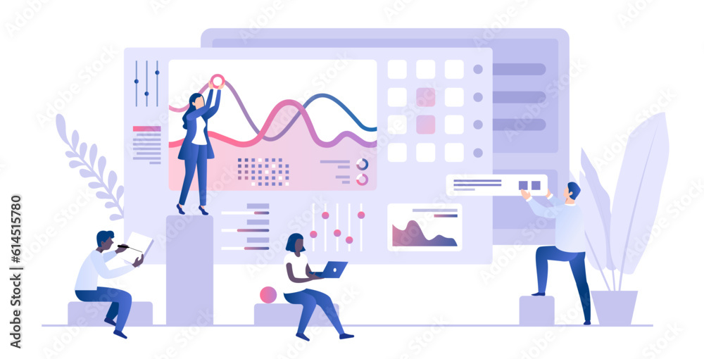 People analyzing charts and graphs, market research, web analytics. Data analysis concept template. Infographics, statistics, data visualization 3d concept