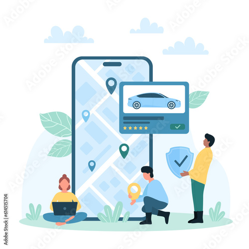 Rent and share car vector illustration. Cartoon tiny people with safety shield and location pin using city map in smartphone for navigation and carsharing, online taxi app service with insurance