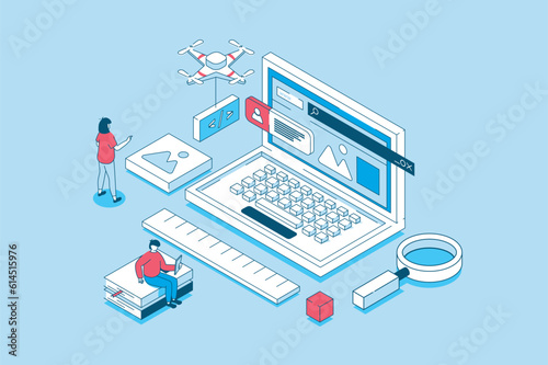 Website creating concept in 3d isometric design. People creating UI UX interface and homepages, work with code, prototyping and testing scripts. Vector illustration with isometry scene for web graphic