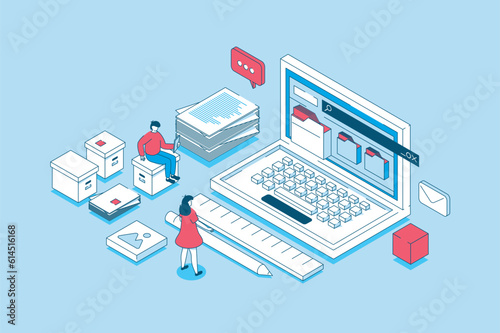 Electronic organization files concept in 3d isometric design. People working with digital database, organizing files in folders on laptop. Vector illustration with isometry scene for web graphic