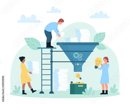 Office paperwork, generator and conversion of creative ideas vector illustration. Cartoon tiny people control funnel with engine, carry of paper documents, data information to light bulb filter