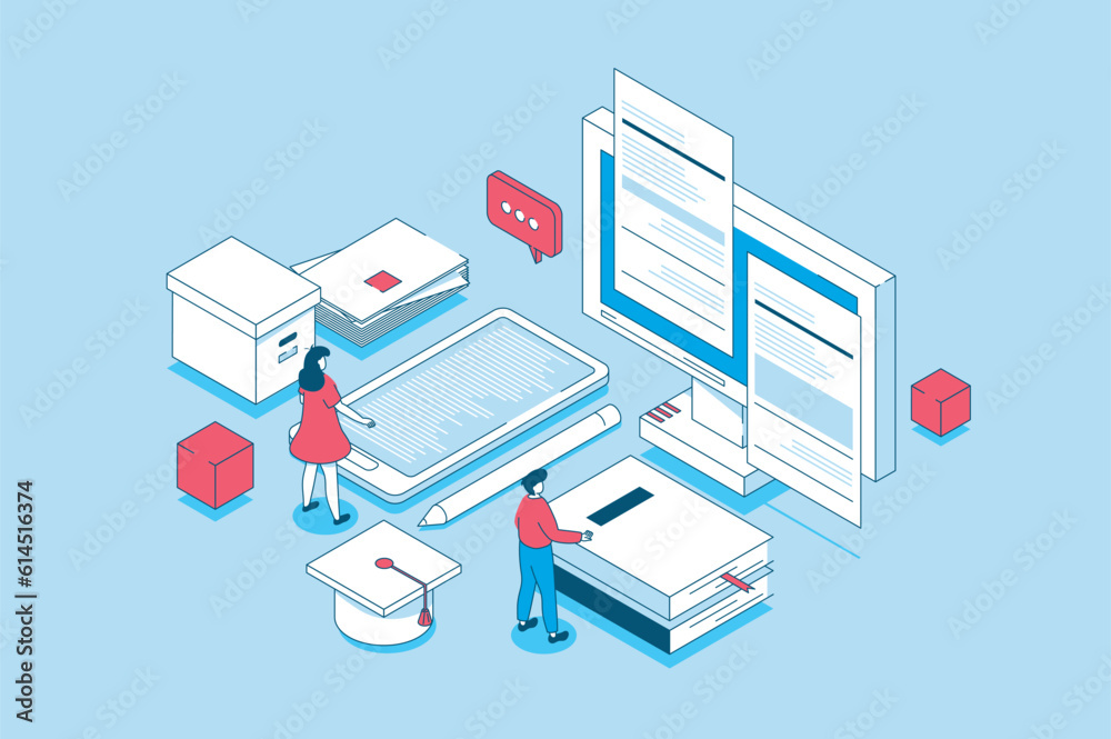 Modern education concept in 3d isometric design. People learning at digital classroom, reading e-books, watching webinars and video lectures. Vector illustration with isometry scene for web graphic