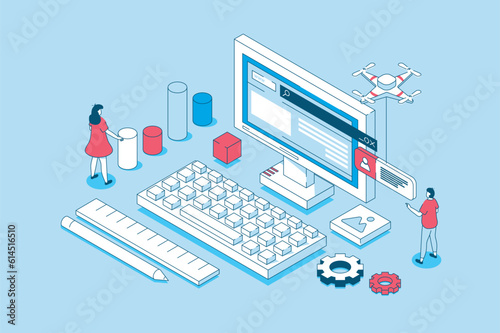 Programming concept in 3d isometric design. People working with code or script, creating software, prototyping and making optimization programs. Vector illustration with isometry scene for web graphic