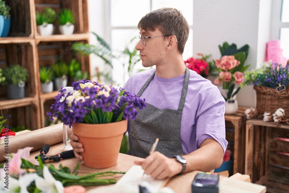 Caucasian blond man working at florist shop looking to side, relax profile pose with natural face and confident smile.