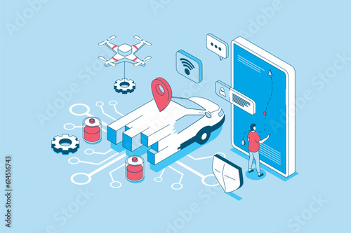 Smart car concept in 3d isometric design. People managing of autonomous automobile with smartphone app, using online navigation map service. Vector illustration with isometry scene for web graphic