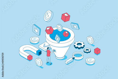 Social media funnel concept in 3d isometric design. People attracting new audience and converting into buyers, using lead generations strategy. Vector illustration with isometry scene for web graphic