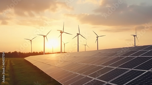 landscape wind generation and solar panels clean energy concept. Generative AI