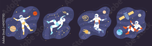 Astronauts floating in space in different poses set vector illustration. Cartoon spaceman in helmet and spacesuit flying between satellite and planets of solar system, shooting star and asteroid