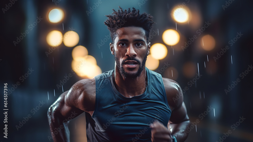 An athletic man is doing a cardio workout in the city.Created with Generative AI technology. - obrazy, fototapety, plakaty 