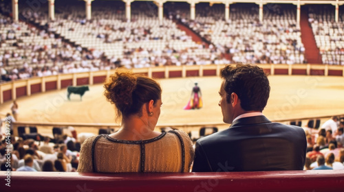 Travelers tourist Watching a bullfigh spectacle corrida de toros. Couple tourist at Plaza de Toros bullfighting arena in Spain generative AI photo