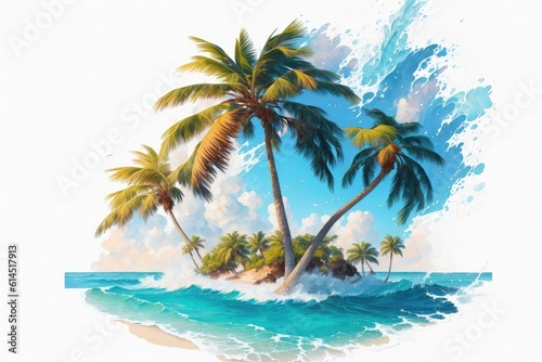 Tropical bright colorful background with exotic painted tropical palm leaves and beach ai generative