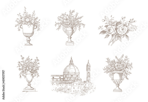 Wedding logo. Laurels frames branches, vase with flowers borders vector. Floral wreaths with leaves , flower, herb, ornate. Decorative elements wedding invitation, banner and packaging