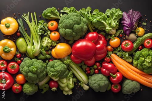 Fresh Organic healthy vegan food. On a black stone background. ai generative