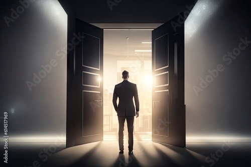 Vision in Business Concept. Rear view of a businessman standing facing bright light gate from dark room ai generative