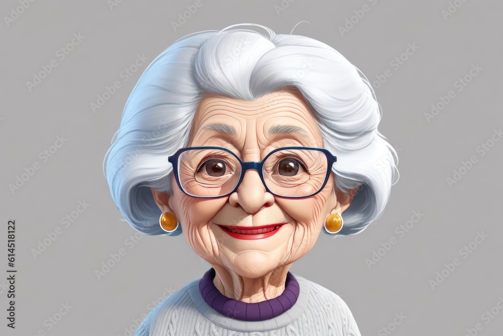 3d charming, pretty, old woman character, smiling at camera ai generative
