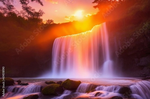 waterfall in jungle with sunset