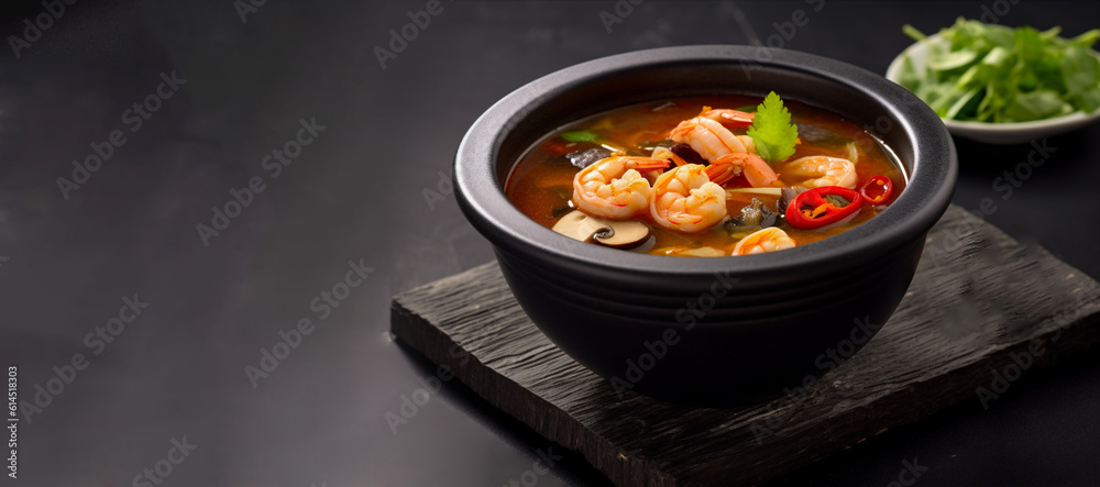 Tom yam, Japanese soup with tiger shrimp in black bowl on slate stand. Restaurant menu.Generative Ai content.