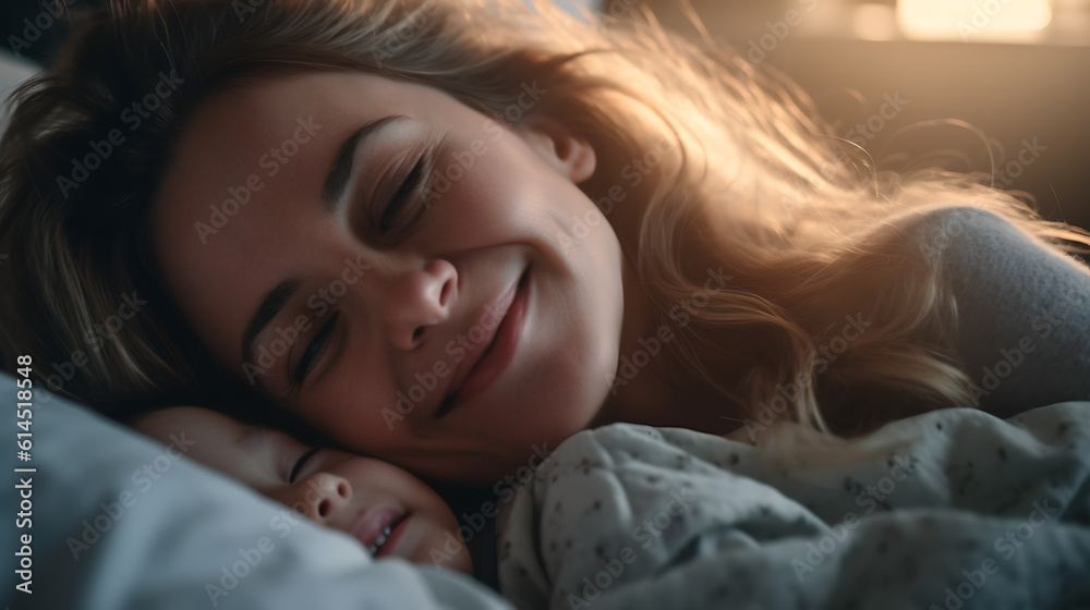 Happy young mother and her son sleeping peacefully in bed.Created with Generative AI technology. Happy young mother and her son sleeping peacefully in bed.Created with Generative AI technology.