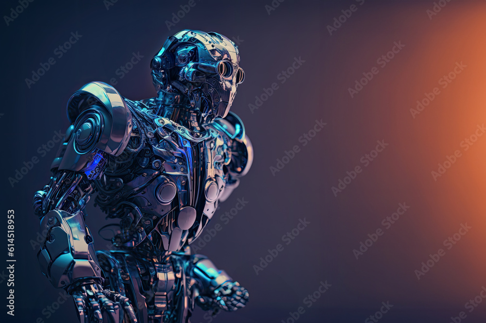 A robot with a blue-tinted metallic finish, performing various tasks and showcasing advanced artificial intelligence capabilities. Generative Ai A robot with a blue-tinted metallic finish, performing various tasks and showcasing advanced artificial intelligence capabilities. Generative Ai