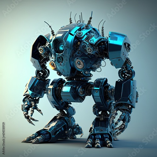A robot with a blue-tinted metallic finish, performing various tasks and showcasing advanced artificial intelligence capabilities. Generative Ai