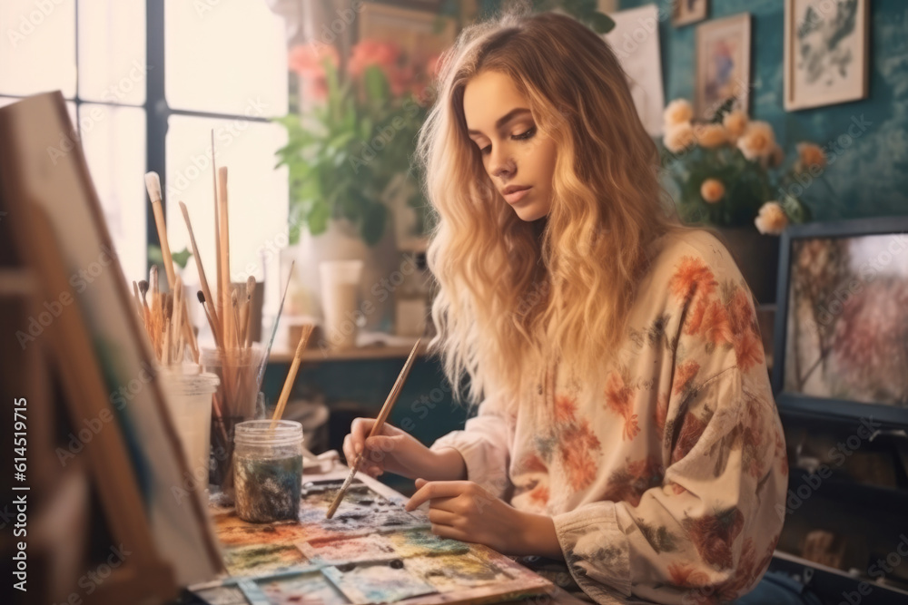 young woman relaxing and painting a picture , AI Generative