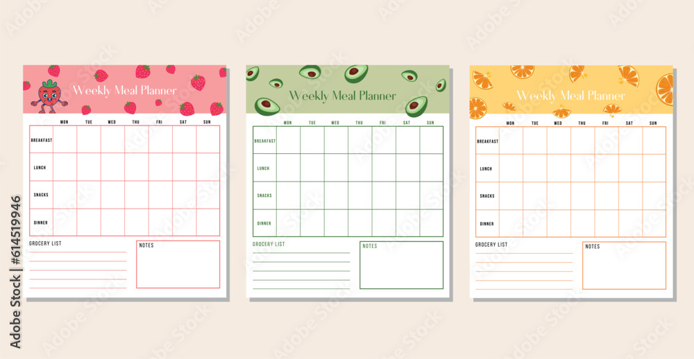 Set of 3 weekly meal planners and shopping grocery list, breakfast ...