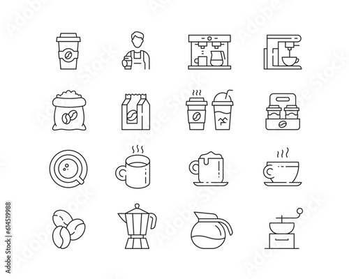 Coffee Shop Icon collection containing 16 editable stroke icons. Perfect for logos, stats and infographics. Edit the thickness of the line in Adobe Illustrator (or any vector capable app).
