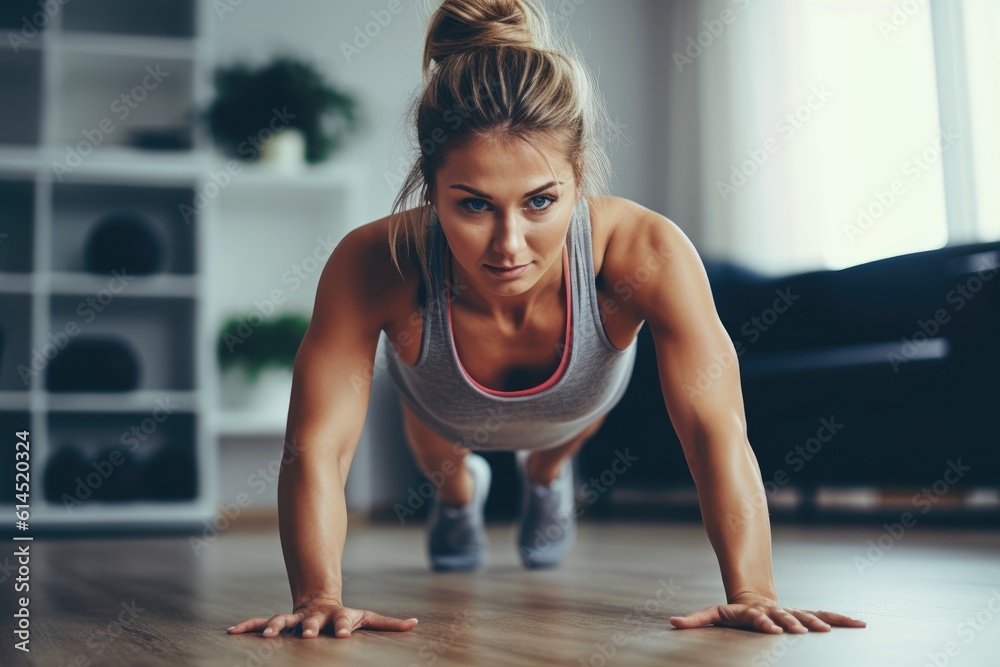 Fototapeta premium Beautiful brunette doing some push ups at home, AI Generative