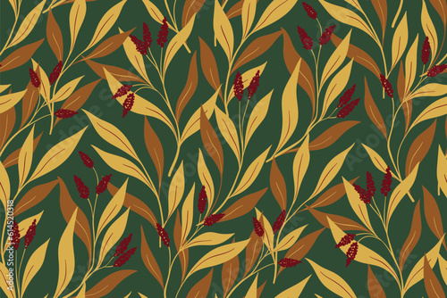 Seamless floral pattern, vintage botanical print with wild plants. Elegant fabric, paper design: hand drawn twigs, small flowers tassels, brown leaves on a green background. Vector illustration.
