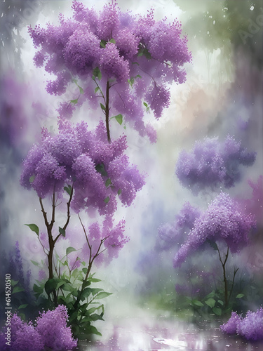 Lilac garden after rain watercolor. AI generated illustration