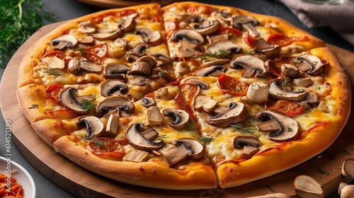 Pizza with cheese, champignons on wood board, front view. Food photograph for restaurant, cafe, magazine, website. Ai Generative