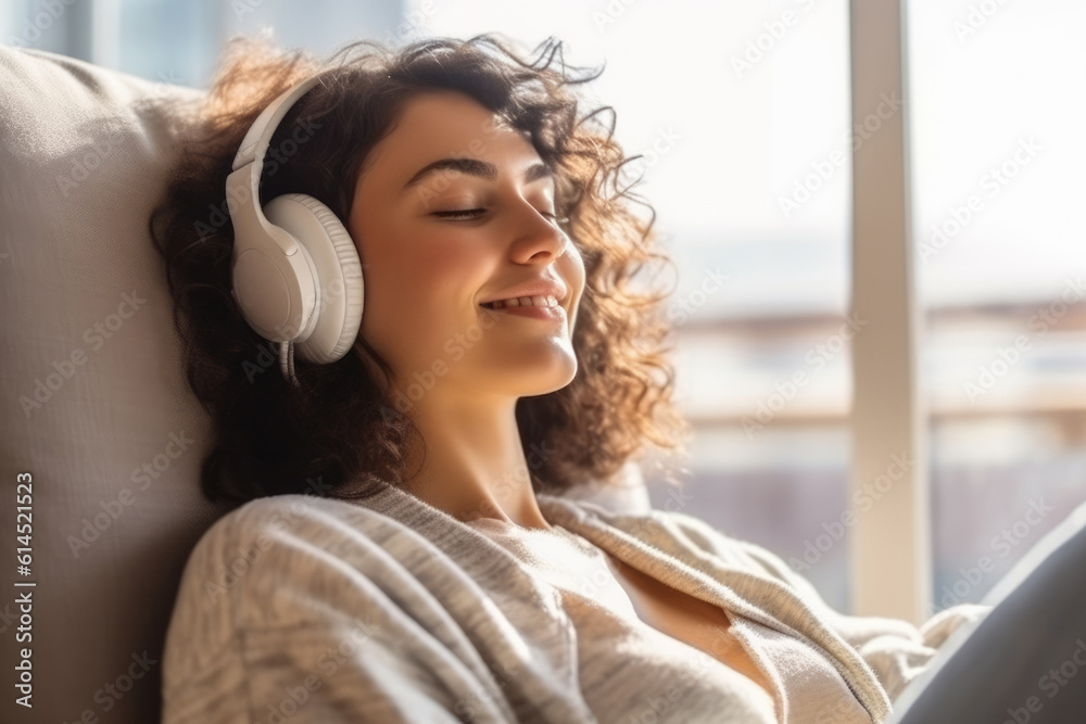 closeup of happy young woman wearing headphones enjoying music, AI Generative closeup of happy young woman wearing headphones enjoying music, AI Generative
