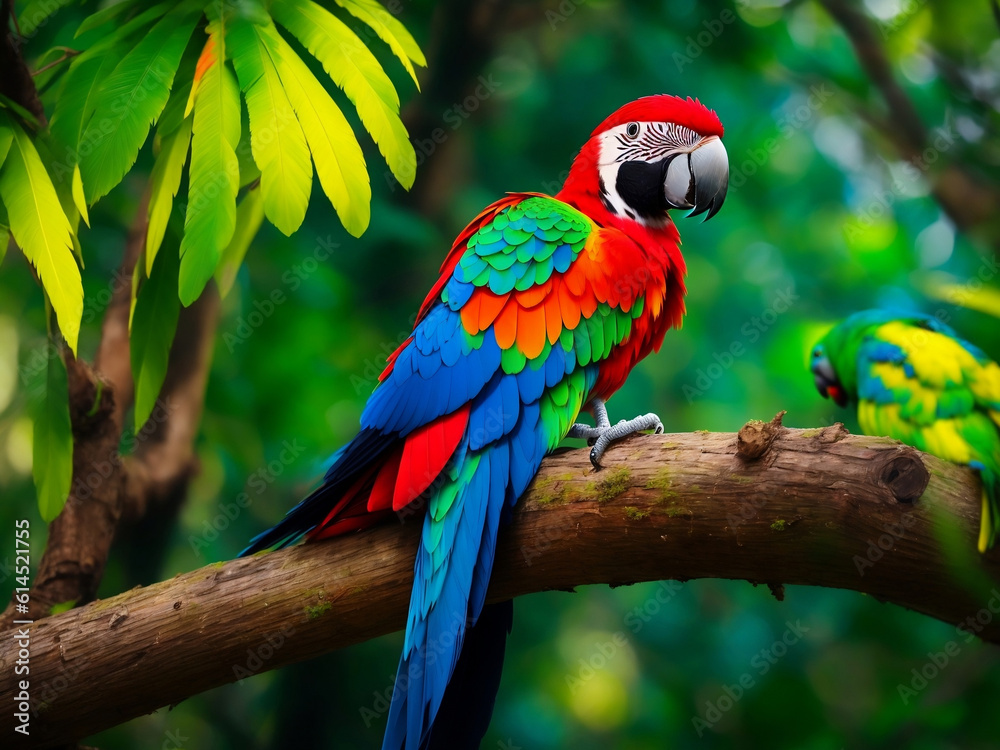 An upclose look at a vibrant parrot perched on a tree in a forest