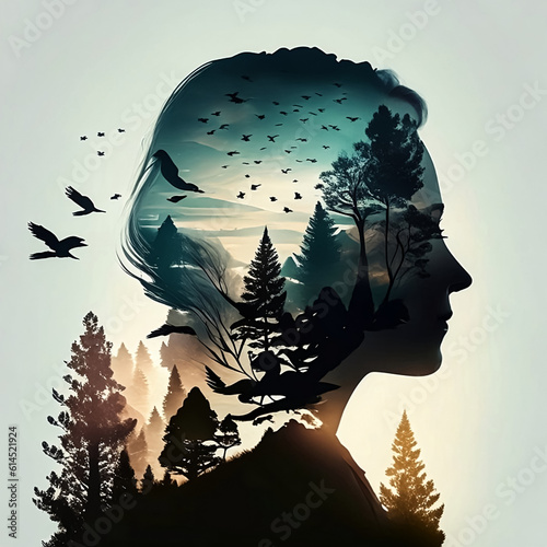 Woman portrait with double exposure and with the trees and flying birds.Generative AI, non-existent person.
