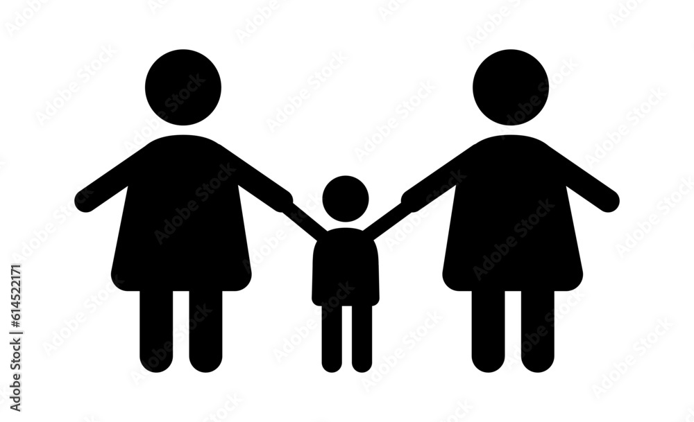 Same sex parents icon. Lesbian adoption, LGBTQ family with kid. Flat black silhouettes. Vector illustration isolated on white background Same sex parents icon. Lesbian adoption, LGBTQ family with kid. Flat black silhouettes. Vector illustration isolated on white background