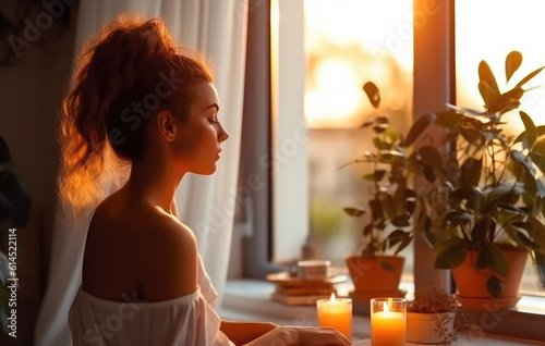 millennial woman sit in cozy chair burning aroma candles, AI Generative