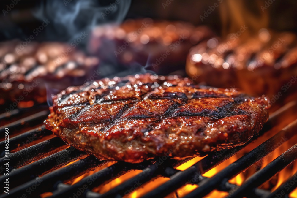 Delicious hamburgers cooking on flaming grill. Generative AI image. Delicious hamburgers cooking on flaming grill. Generative AI image.