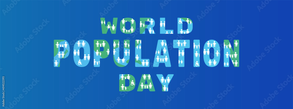 World population day background template with typography. Text with abstract people icons of various age and gender on Earth globe abstract backdrop. Vector illustration