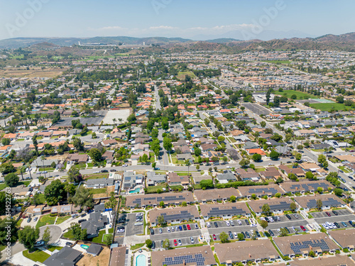 Yorba Linda, California - June 17, 2023: aerial drone photo view toward Yorba Linda houses, homes, including Mabel M Paine Elementary School