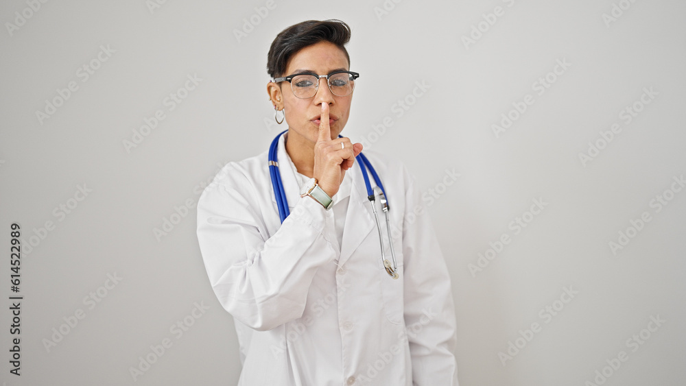 Young beautiful hispanic woman doctor asking for silent over isolated white background Young beautiful hispanic woman doctor asking for silent over isolated white background