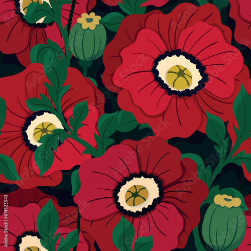 Seamless floral pattern, repeat texture with large hand drawn buds poppies. Beautiful botanical design, drawing with blooming red flowers, green leaves on a dark background. Vector illustration.