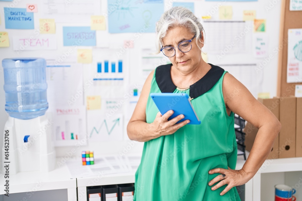 Middle age grey-haired woman business worker using touchpad at office Middle age grey-haired woman business worker using touchpad at office