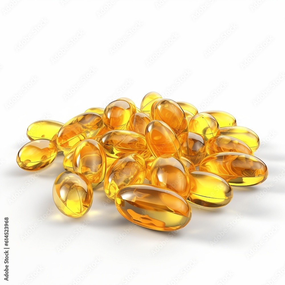 Vitamin E gel capsules scattered isolated on white background, Generative AI 