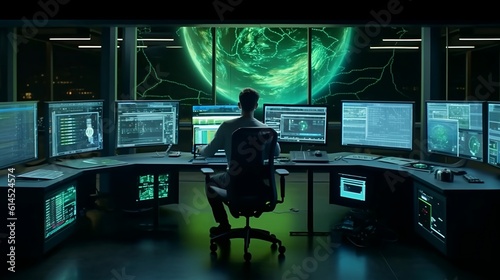 Developer's Command Center Mastering the Digital Realm. Multiple monitors surround them as they navigate a world-spanning hologram, overseeing and controlling a cutting-edge app.