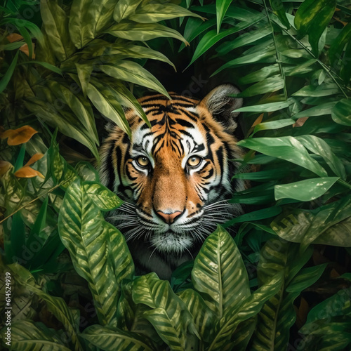 Tiger in the jungle. Abstract nature background with a bengal wildcat and a tropical foliage. Concept of wildlife and dangerous predators. Generated by artificial intelligence.
