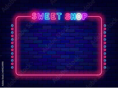 Sweet shop neon banner. Empty pink retro frame. Space for text. Night show advertising. Vector stock illustration