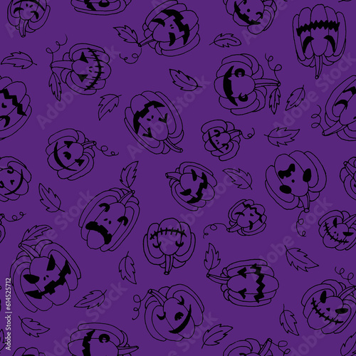 Line art autumn holiday halloween seamless pattern with different black pumpkins with creepy spooky eyes and smiles.Fall background in purple color.Print cards, invitation, design elements.