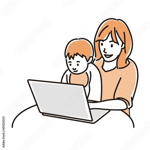 幼児を抱っこしながらパソコンに向かうママ